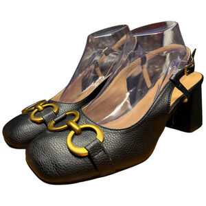 VERTUNDY Women 10 Black Leather Slingback Heeled Sandals Gold Horse Bit Buckle